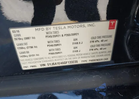 2016 Tesla Model S 90D/P100D/P85D/P90D z USA, uszkodzony, nr VIN 5YJSA1E46GF133235